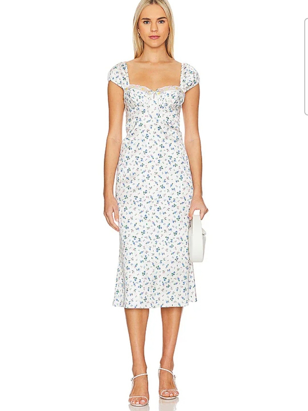 For Love & Lemons White Midi Dress with Blue Floral Print